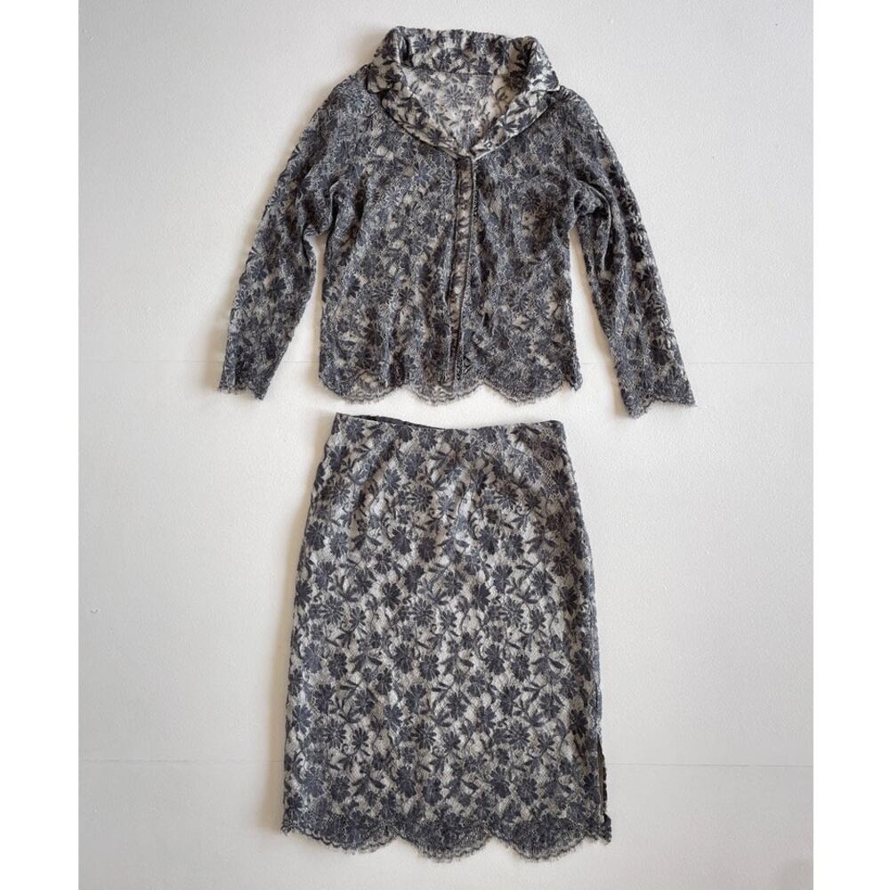 Vtg 90s Y2K Gray Lace Two Piece Blouse + Skirt Set / WORTH / Sz S / Minimal Glam